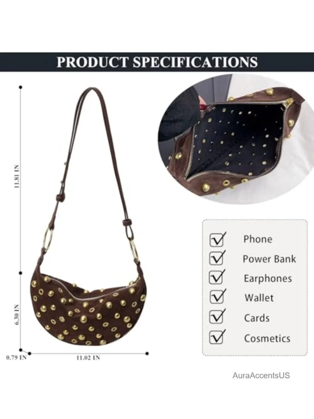 Studded Hobo Crescent Bag Y2K Shoulder Bag Suede Purse for Women